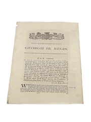 Act Amendment To Prohibit The Distillation of Spirits From Corn Or Grain, Dated 1812 In the 52nd Year of King George III 