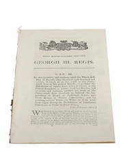 Act To Revive And Continue Prohibiting The Distillation Of spirits From Corn Or Grain, Dated 1812 In the 52nd Year of King George III 