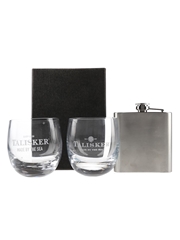 Talisker Hip Flask & Rocking Glasses  10.5cm x 8.5cm & 8.5cm Tall