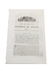 Act For Reducing...The Duties Upon Spirits Distilled From Melasses Or Sugar, 1799  Dated 1799 In the 39th Year of the reign of King George III 