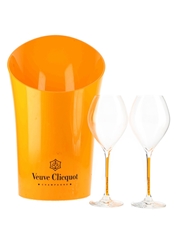 Veuve Clicquot Ice Bucket & Two Veuve Clicquot Glasses 3 x 21cm-38cm Tall