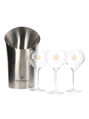 Veuve Clicquot Metal Ice Bucket & Three Veuve Clicquot Glasses 4 x 21cm-38cm Tall