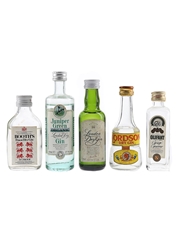 Booth's, Asda London Dry Gin, Juniper Green Organic, Olifant & Lordson Bottled 1970s-1980s 5 x 4cl-6cl