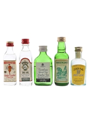 Beefeater, Bombay, Gordon's, Greencock & Silver Fang Bottled 1970s-1980s 5 x 4.7cl-5cl / 40%