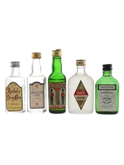Booth's, Coldstream London Gin, Gilbey's London Dry Gin, Nadal's Dry Gin & White Satin Bottled 1970s 5 x 4.7cl-5cl