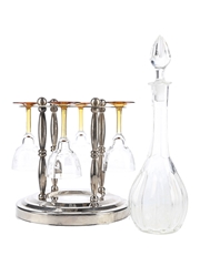 Decanter With Stand & Four Etched Glasses  31cm Tall