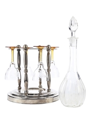 Decanter With Stand & Four Etched Glasses  31cm Tall