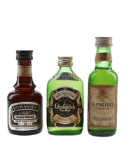 Bowmore 12 Year Old, Glenfiddich Pure Malt & Glenlivet 12 Year Old Bottled 1970s-1980s - Japanese Import 3 x 4.7cl 5cl