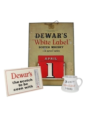 Dewar's Memorabilia Items Metal Calendar, Ceramic Jug & Thermometer 