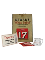 Dewar's Memorabilia Items Metal Calendar, Ceramic Jug & Thermometer 