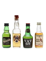 Assorted Whiskies Black Bottle, Vat 69, Highland Fling, Wild Turkey 4 x 5cl-7cl