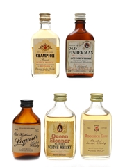 Assorted Blended Scotch Whisky Bottled 1970s - Champion, Old Fisherman, Lambert Brothers, Queen Eleanor, Roderick Dhu 5 x 3.9cl-5cl