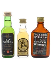 Clan Campbell, Long John & Tuxedo Bottled 1980s 3 x 3cl-5cl
