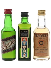 Black Bottle, Passport Scotch & Teacher's Highland Cream Bottled 1970s 3 x 4.7cl-5cl