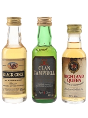 Black Cock, Clan Campbell & Highland Queen Bottled 1980s 3 x 5cl