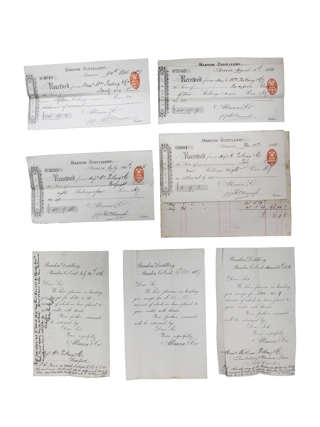 Allman & Co. Bandon Distillery Receipts, Dated 1886 & 1887 William Pulling & Co. 