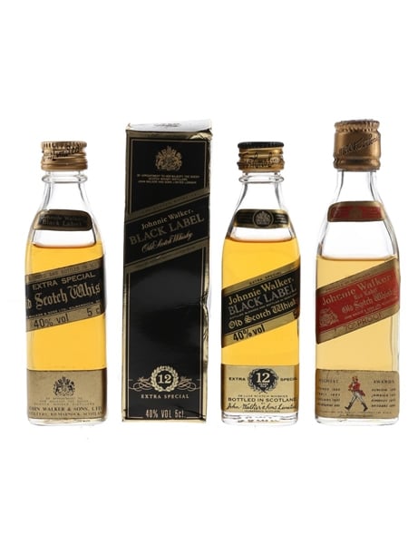 Johnnie Walker Black & Red Label Bottled 1970s & 1980s 3 x 5cl / 40%