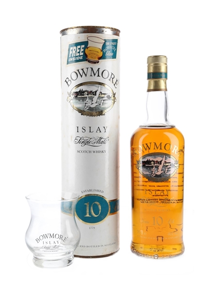 Bowmore 10 Year Old with Glass Bottled 1990s - Screen Printed Label 70cl / 40%