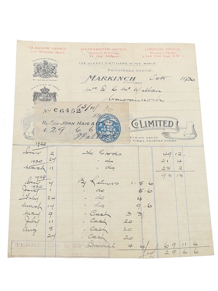 John Haig & Co. Invoice & Purchase Receipt, Dated 1930  