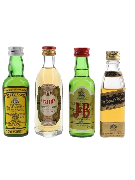 Cutty Sark, Grant's, J & B, Johnnie Walker Black Label Bottled 1970s & 1980s 4 x 4.7cl-5cl