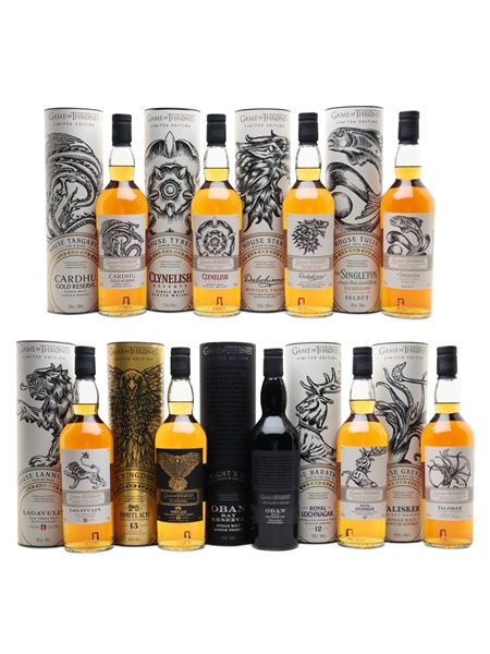 Game Of Thrones Whiskies Set Cardhu, Clynelish, Dalwhinnie, Glendullan, Lagavulin, Mortlach, Oban, Royal Lochnagar & Talisker 9 x 70cl