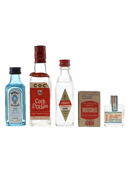 Gilbey's, Cork, Bombay Sapphire & Matches Gin Bottled 1970s-1980s 4 x 5cl-2cl/ 40%