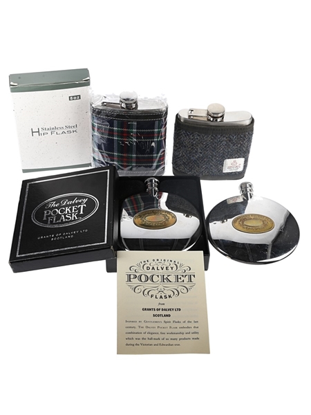 Assorted Hip Flasks Tweed Hip Flask, Dalvey Pocket Flask & Tartan Hip Flask 