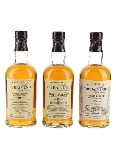 Balvenie 3 Pack Founder's Reserve 10 Year Old, Double Wood 12 Year Old & Single Barrel 25 Year Old 3 x 20cl