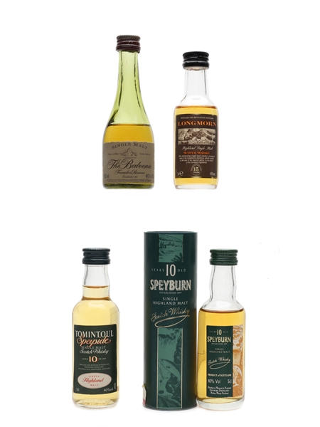 Balvenie, Longmorn 15 Year Old, Speyburn 10 Year Old & Tomintoul 10 Year Old Bottled 1980s - 1990s 4 x 5cl