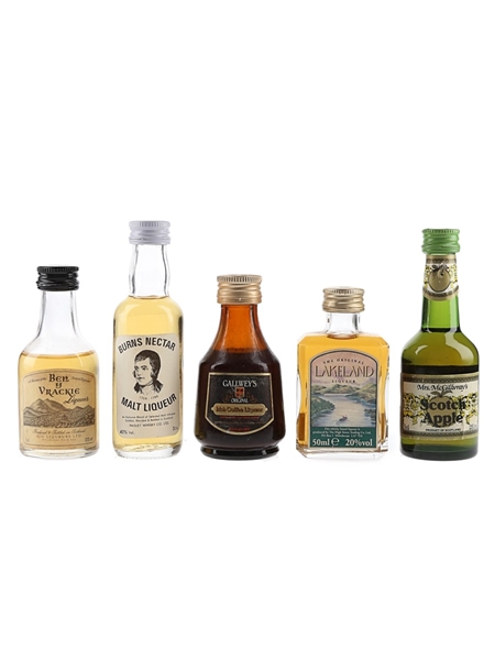 Assorted Scotch Liqueur Ben Y Vrackie, Burns Nectar, Gallwey's Original, Lakeland & Scotch Apple 5 x 5cl