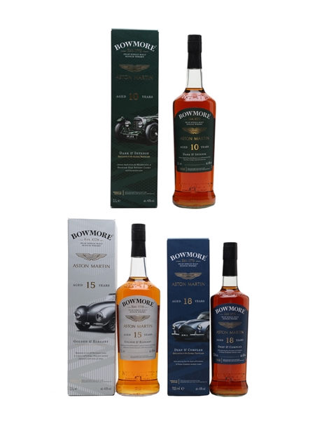 Bowmore 10, 15 & 18 Year Old Aston Martin 3 x 70cl-100cl