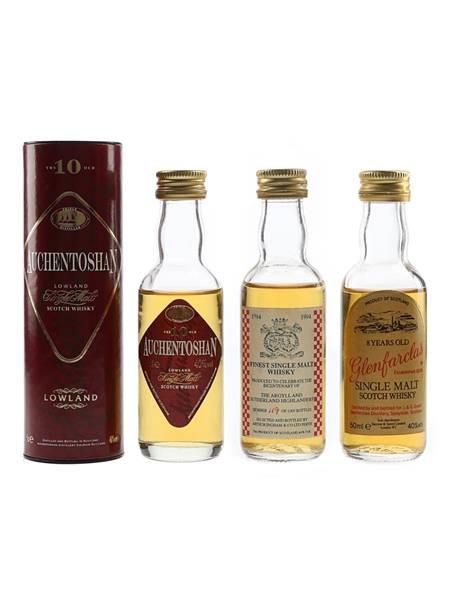 Auchentoshan 10 Year Old, Finest Single Malt Whisky & Glenfarclas 8 Year Old Bottled 1990s 3 x 5cl