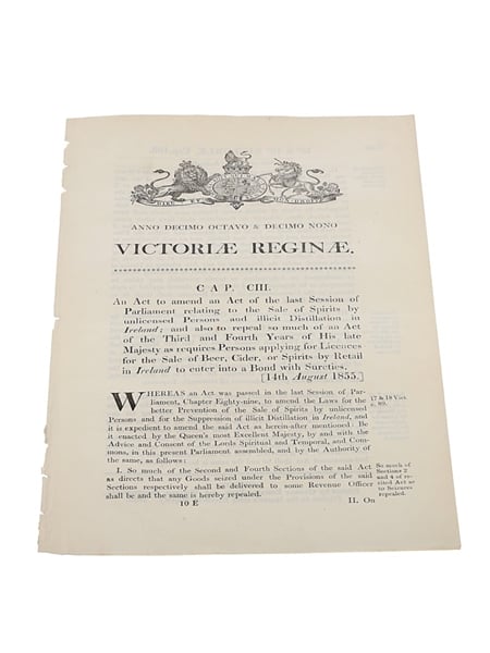 Act Amendment Relating To The Sale Of Spirits By Unlicenced Persons And Illicit Distillation In Ireland, Dated 1855 In the 18th & 19th Year of Queen Victoria 