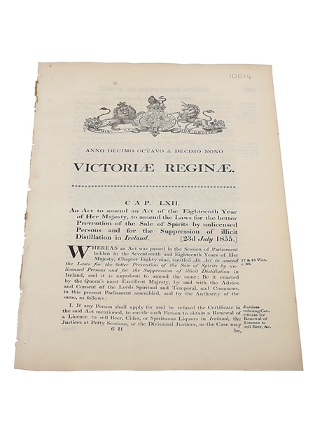 Act To Further Amend The Law For The Prevention Of Sale By Unlicensed Persons And For The Suppression Of Illicit Distillation In Ireland, Dated 1855 In the 18th & 19th Year of Queen Victoria 