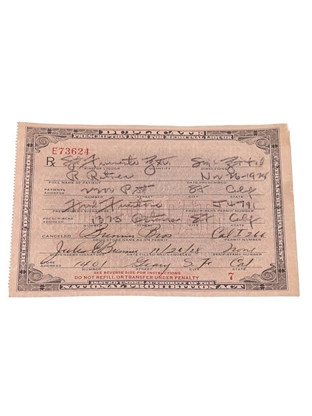 Prohibition Medicinal Liquor Prescription, Dated 1928  