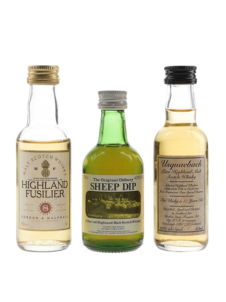 Highland Fusilier 8 Year Old, Sheep Dip 8 Year Old & Usquaebach 15 Year Old  3 x 5cl-6cl