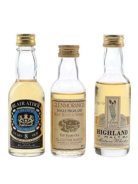 Blair Athol 8 Year Old, Glenmorangie 10 Year Old & Highland Malt Bottled 1980s-2000s 3 x 5cl / 40%