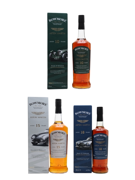 Bowmore 10, 15 & 18 Year Old Aston Martin 3 x 70cl-100cl