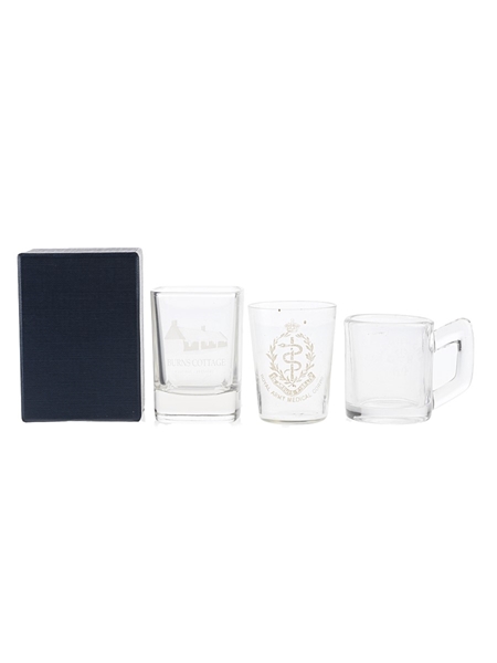 Burns Cottage, Royal Army Medical Corps & Quarter Gill Tumblers  3 x 4.5cm-6cm