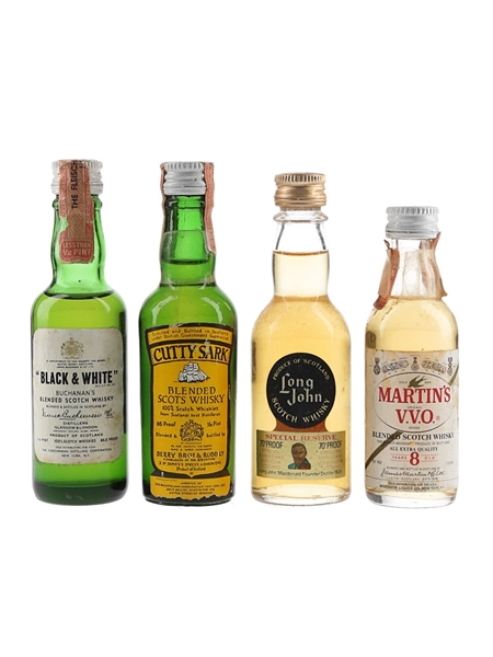 Buchanan's Black & White, Cutty Sark, Long John & Martin's VVO 8 Year Old Bottled 1960s-1970s 4 x 4.7cl-5cl