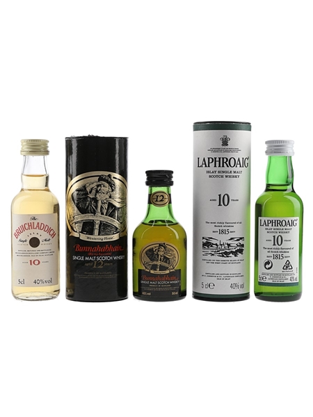 Bruichladdich 10 Year Old, Bunnahabhain 12 Year Old & Laphroaig 10 Year Old Bottled 1990s-2000s 3 x 5cl / 40%