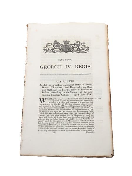 Act For Providing Equivalent Rates Of Excise Duties, Allowances, And Drawbacks On Beer And Malt, And On Spirits, Made In Scotland Or Ireland, Dated 1825 In the 6th Year of King George IV 