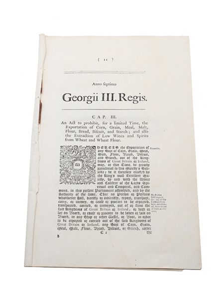 Act To Prohibit, For A Limited Time, The Exportation Of Corn, Grain, Meal, Malt, Flour, Bread, Biscuit, And Starch, Dated 1766 In the 8th Year of King George III 