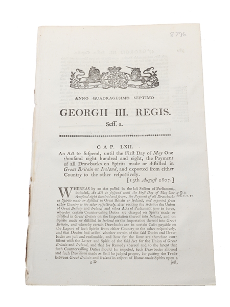 Act To Suspend, Until The First Day Of May One Thousand Eight Hundred And Eight, The Payment Of All Drawbacks On Spirits Made Or Distilled In Great Britain, 1807 In the 47th Year of King George III 