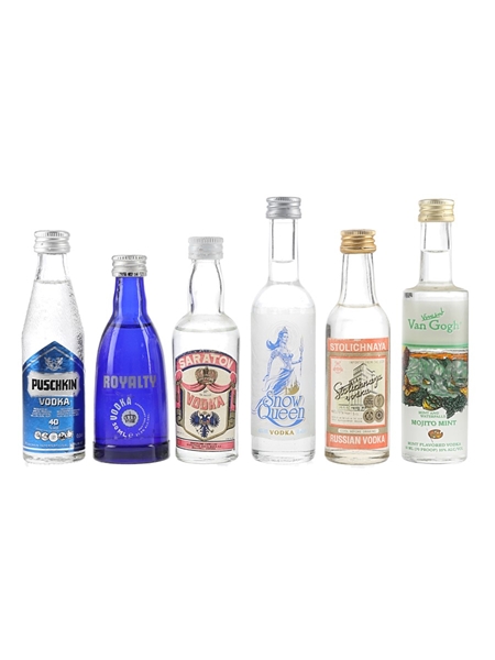 Vincent Van Gogh, Saratol, Royality, Puskin, Stolichnaya & Snow Queen Bottled 1970s-1990s 6 x 4cl-5cl