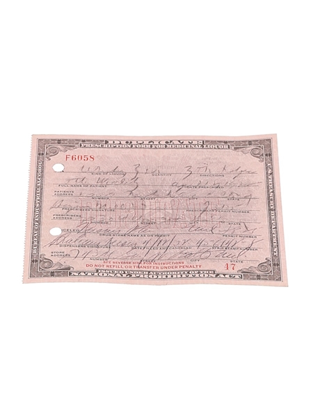 Prohibition Medicinal Liquor Prescription, Dated 1932  