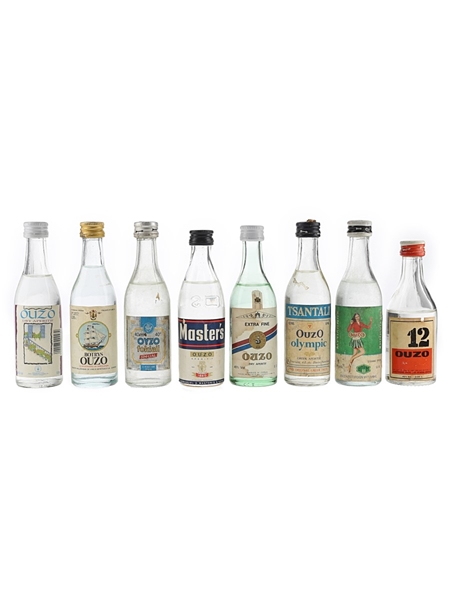 Assorted Greek Ouzo Botrys, Ouzo Dry Aperitif, 12 Year Old, Master's, Haggipavlu, Oyzo Fokiali, Olompic & Mytiahne 8 x 5cl