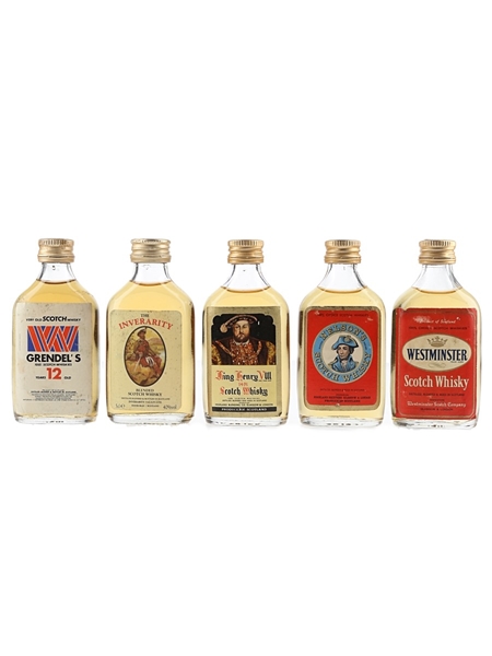 Grendel's 12 Year Old, Inverarity, King Henry VIII, Nelson's & Westminster Bottled 1970s-1990s 5 x 3.7cl-5cl