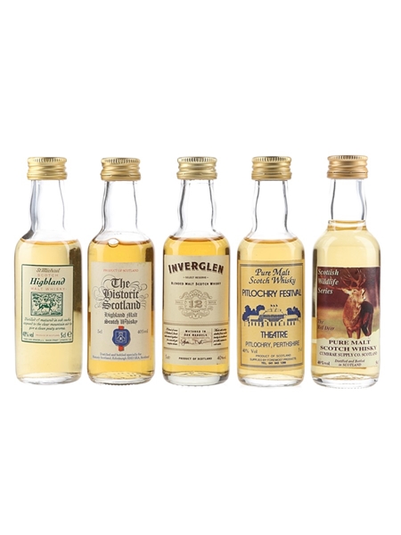 Assorted Blended Malt Scotch Whisky Inverglen 12 Year Old, St Michael Highland, The Historic Scotland, Cumbrae Scottish Wildlife & Pitlochry Festival 5 x 5cl / 40%