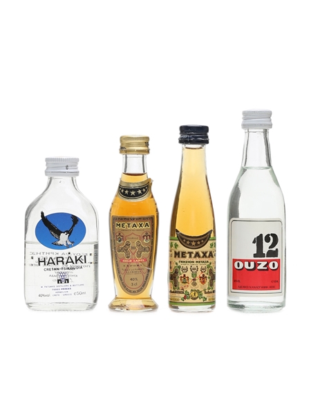 Assorted Greek Spirit Miniatures Ouzo, Metaxa, Haraki 2 x 3cl, 2 x 5cl